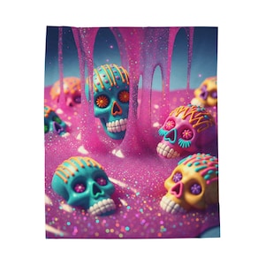 Colorful Day of the Dead Plush Blanket, Cozy Throw Blanket for Halloween, Sugar Skull Art, Home Decor, Gift for Her