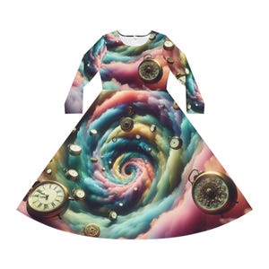 Whimsical Long Sleeve Dance Dress, Unique AOP Dress, Vintage Clock Design Dress, Perfect for Parties, Joyful and Stylish Outfits