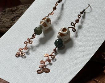 Skull Head & Moss Agate Dangle Earrings, Halloween Jewelry