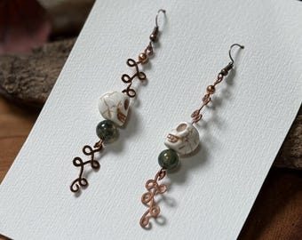 Skull Head & Moss Agate Dangle Earrings, Halloween Jewelry