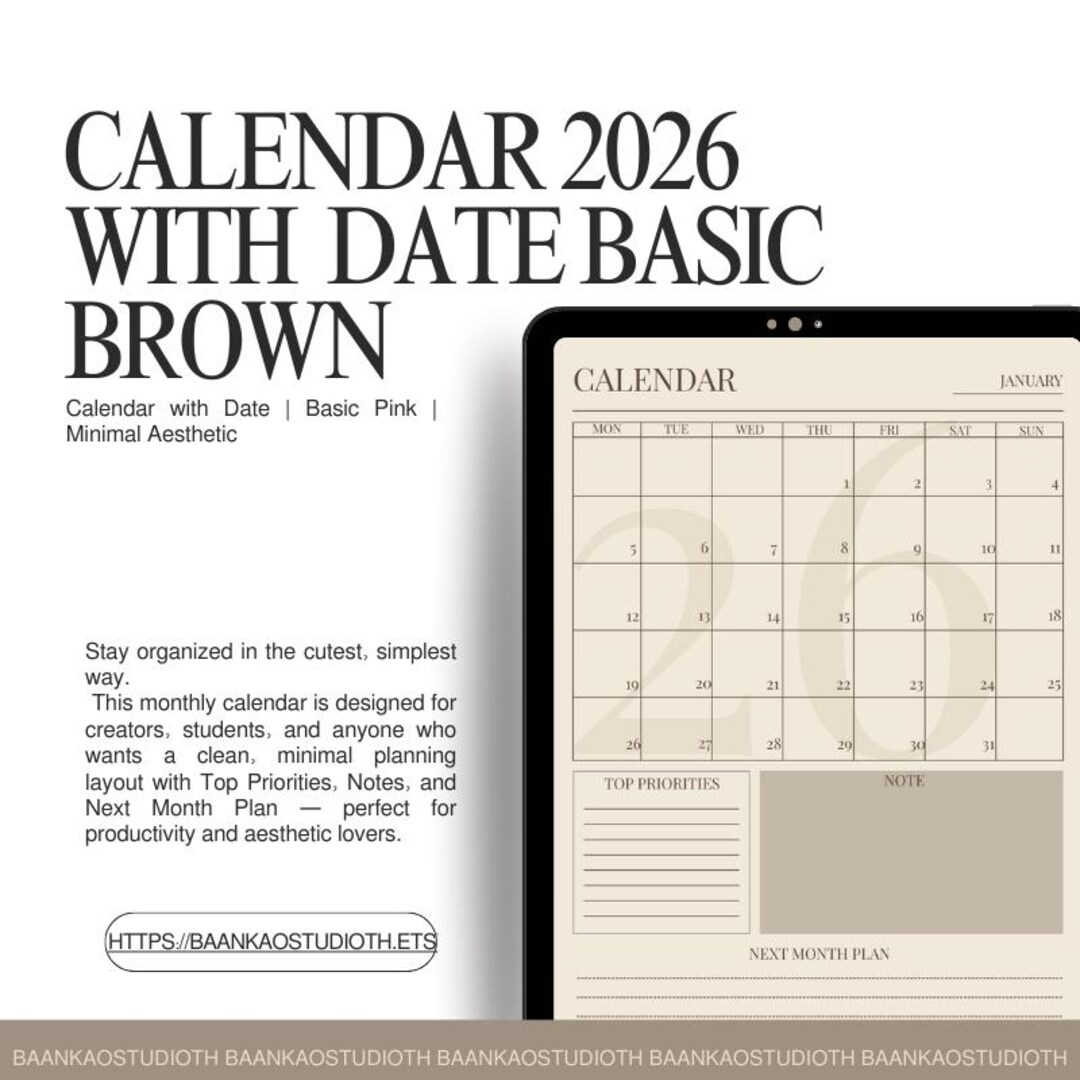 Date. Basic Calendar2026 With Date | Basic Brown | Minimal Calendar | PDF Download ...
