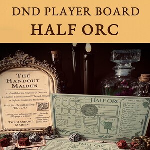 Può includere: Un PDF stampabile digitale con una scheda giocatore Half Orc DND. Il design include statistiche del personaggio, abilità, tratti e slot incantesimi. L'immagine mostra anche dadi, una miniatura e del testo.
