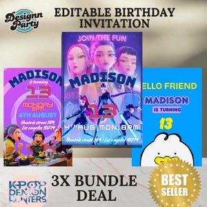 kpop demon hunters, kpop birthday invitation, kpop merch, demon hunter, zoey, jinu, card, mobile invitation, kpop party, Canva, saja boys