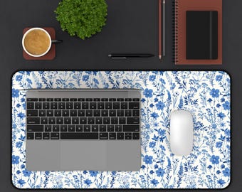 Blue Floral Desk Mat, Floral Desk Mat, Desk Mat, Desk Decor, Office Decor, Dorm Decor, Desk Accessories, Desk Cushion Pad, Desk Blotter Mat
