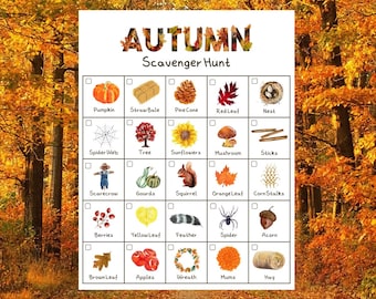 Caccia al tesoro autunnale per bambini, stampabile e scaricabile immediatamente.