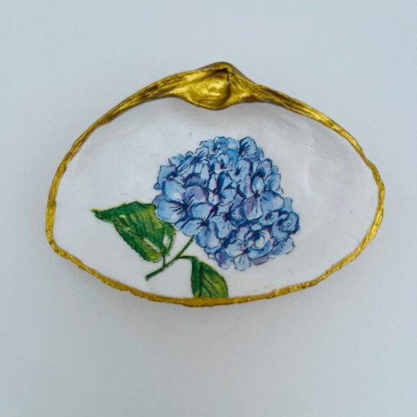 Decoupage Clam Shell with Blue Hydrangea Design