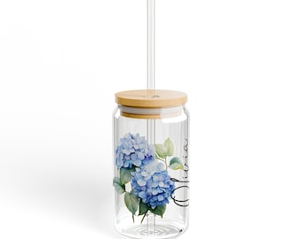 Vaso personalizado con hortensias, vaso personalizado para café helado con hortensias, vaso personalizado con flores, regalo personalizado, regalo de hortensias
