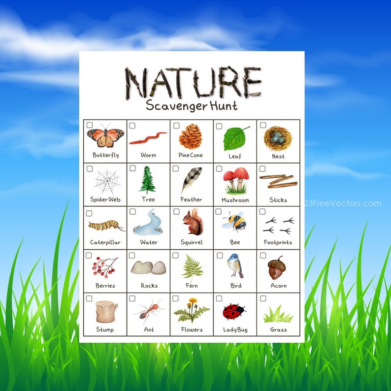 May include: A printable nature scavenger hunt checklist with illustrations of items to find outdoors, such as a butterfly, worm, pine cone, leaf, nest, spider web, tree, feather, mushroom, sticks, caterpillar, water, squirrel, bee, footprints, berries, rocks, fern, bird, acorn, stump, ant, flowers, ladybug, and grass.