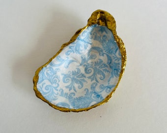 Decoupage Oyster Shell with Blue Floral Design