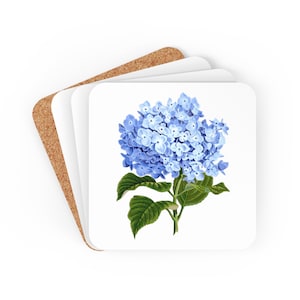 Hydrangea Coasters, Blue Hydrangea Coasters, Hydrangea Coaster Set, Hydrangea Corkwood Coaster Set, Floral Gift, Hydrangea Decor, Coasters