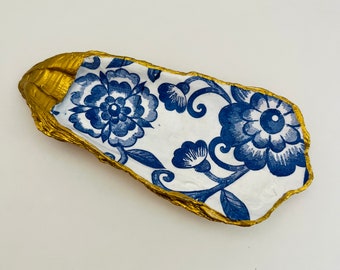 Decoupage Oyster Shell with Blue Floral Design