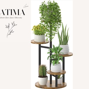 Modern Black Plant Stand – 5-Tier Flower Shelf for Indoor Outdoor Use, Metal & Wood Multi-Level Plant Rack