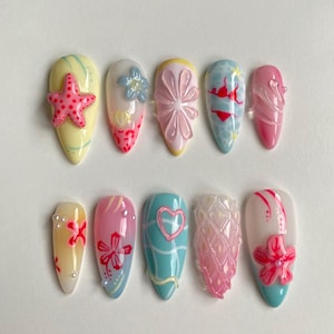 Summer Beach Press On Nails, Beachy Press-ons, Colorful 3d Nail Art, Handmade Reusable Press-ons, Summer Vibe Press On Nails, Handmade Gift