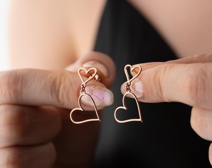 Featured listing image: 14K Solid Gold Double Heart Dangle Earrings, Minimalist Gold Heart Earrings, Dainty Drop Earrings, Romantic Gift for Her, Handmade Jewelry