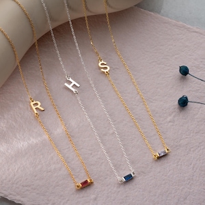 Sideways Initial Necklace: Silver Letter & Baguette Birthstone - Personalized Birthday Gift