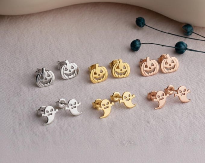 Featured listing image: Dainty Halloween Stud Earrings: Gold Ghost, Witch Cat, Pumpkin