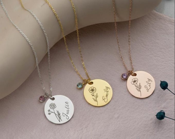 Featured listing image: Personalized Birth Flower Necklace: Custom Engraved Name & Date Pendant