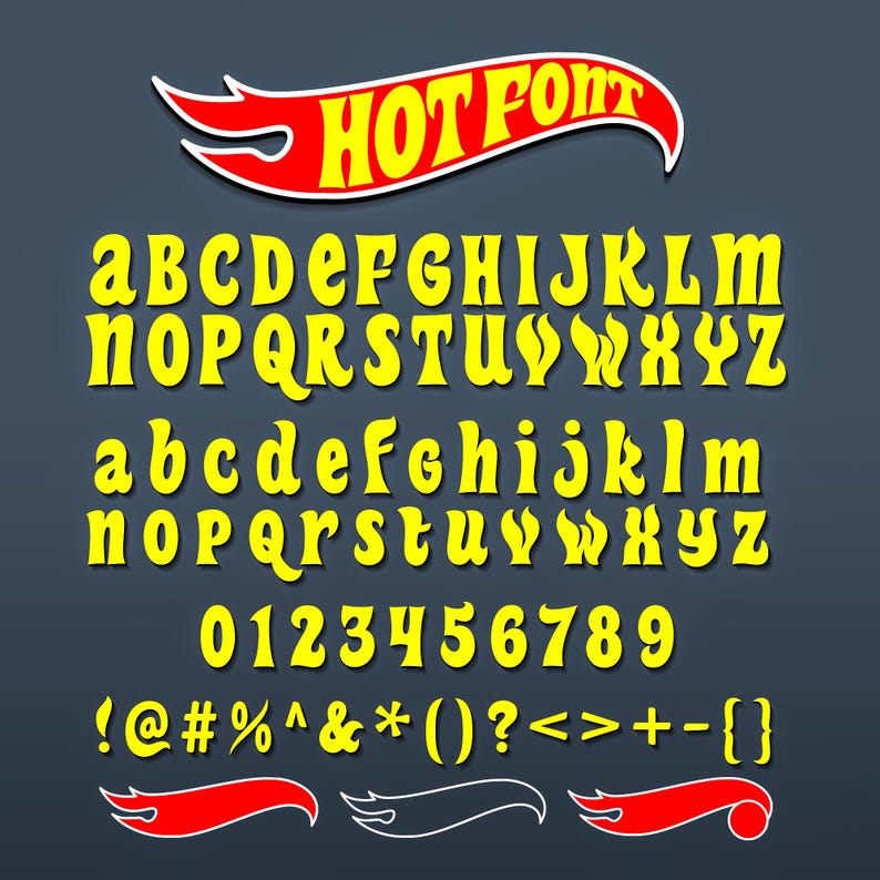 K&ouml;nnte beinhalten: Ein vollst&auml;ndiger gelber Schriftsatz mit Gro&szlig;- und Kleinbuchstaben, Zahlen und Symbolen. Die Schriftart hei&szlig;t "HOT FONT" und wird in einem rot-gelben Banner angezeigt. Die Schriftart hat ein Retro-Flammen-Design, ideal f&uuml;r Vintage-Projekte.