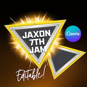 Puede incluir: Diseño gráfico con dos triángulos amarillos con detalles plateados y un interior de malla negra. El texto "JAXON 7TH JAM" se muestra en blanco. La palabra "Editable!" está escrita en cursiva. También hay un logotipo de Canva azul y morado.