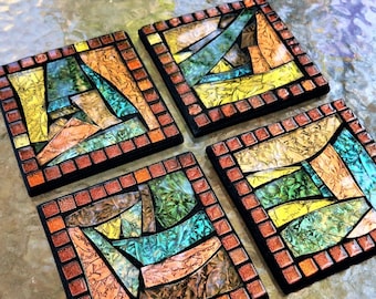 CUSTOM COASTERS - Square, Round or Funky Shaped Mosaic Coasters in Bronze, Copper, Gold, Green & Teal w Glitter Tiles - Set of 4 //  OOAK