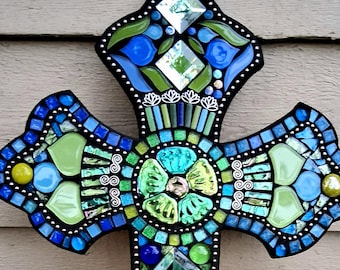 MOSAIC WALL CROSS - Blues/Greens, Center Metallic Flower, Silver Embellishments, Ball chain, Ceramics, Mirrored Glass, 18"x12" -Unique, Ooak