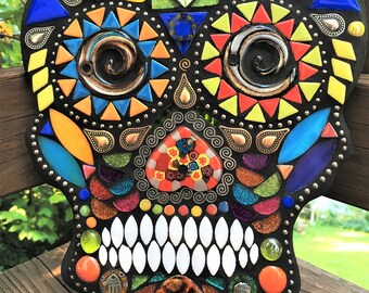 MOSAIC SUGAR SKULL - Custom Made / Day of the Dead - Totally Customizable / Glass Gems & Beads, Silver Embellishments, Ball Chain - Unique!!