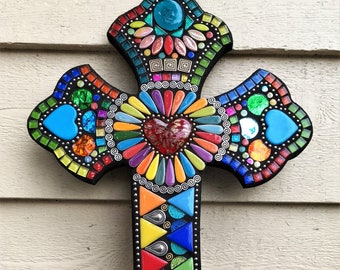 MOSAIC WALL CROSS - Center Focal Heart, Silver Metallic Embellishments, Ball chain, Ceramics, Mirrored Glass, 18" x 12" - Unique, Ooak