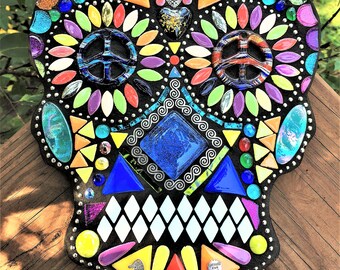 MOSAIC SUGAR SKULL - Custom Made / Day of the Dead - Totally Customizable / Glass Gems & Beads, Silver Embellishments, Ball Chain - Unique!!