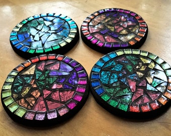 CUSTOM COASTERS - Round, Square or Funky Shaped Mosaic Coasters in Multicolored Van Gogh Glass w Glitter Tiles - Set of 4 / OOAK / Unique!!