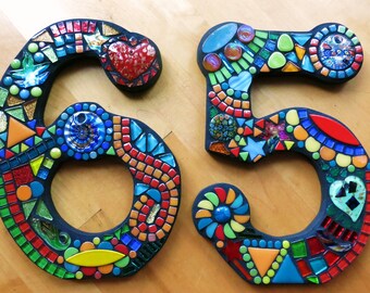 MOSAIC HOUSE NUMBERS - 9" Tall - Totally Customizable Mixed Media  - 2 Fonts Offered - Order Your 9" Size Numbers From This Listing / Ooak!