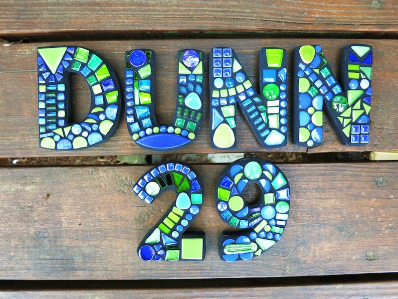 This is my /'Wild /& Funky/' Style in Shades of Blues and Greens 7 tall Unique! Totally Customizable MOSAIC LETTERSINITIALSNames