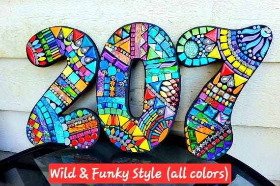 MOSAIC HOUSE NUMBERS - 7" Tall - Customizable - Mixed Media Mosaics - Unique 'Wild & Funky' Style - Order 7" Size From This Listing - Ooak!