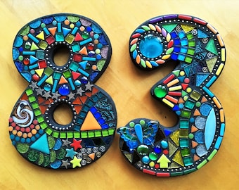 MOSAIC HOUSE NUMBERS - 8" Tall - Custom 'Wild & Funky' Style and Colors - Order 8" Size Numbers From This Listing - Ooak!!  Unique!!