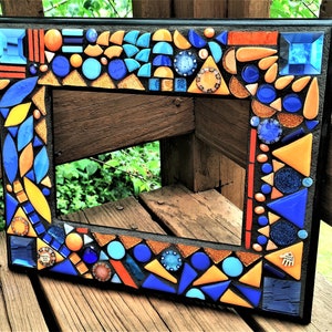 MOSAIC PICTURE FRAME in Shades of Blues & Oranges - Mirrored Glass, Glitter Tiles, Ceramic Tiles, Glass Gems / Listing for Blue/Orange Only!