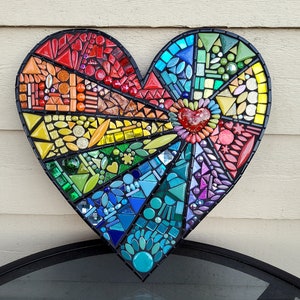 MOSAIC RAINBOW HEART - 16&quot;x16&quot; (pictured) Custom Heart in Rainbow Style/Colors, Glass Gems, Glitter Tiles, Ceramic Shapes, Beads  / Unique!!