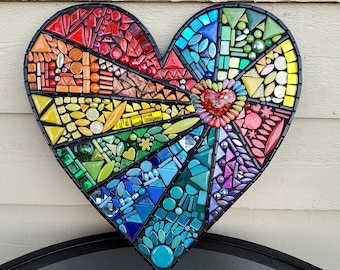 MOSAIC RAINBOW HEART - 16"x16" (pictured) Custom Heart in Rainbow Style/Colors, Glass Gems, Glitter Tiles, Ceramic Shapes, Beads  / Unique!!