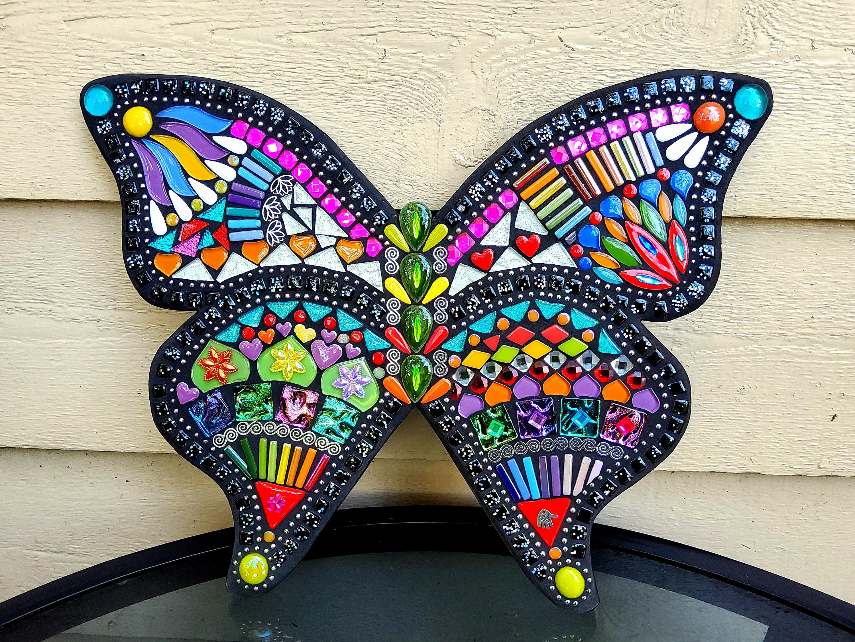 CUSTOM MOSAIC BUTTERFLY - 'Wild & Funky' Style', Multicolored Van Gogh Stained Glass, Silver Metallics, Glass Tiles, Beads, Gems