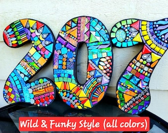 MOSAIC HOUSE NUMBERS - 7" Tall - Customizable - Mixed Media Mosaics - Unique 'Wild & Funky' Style - Order 7" Size From This Listing - Ooak!