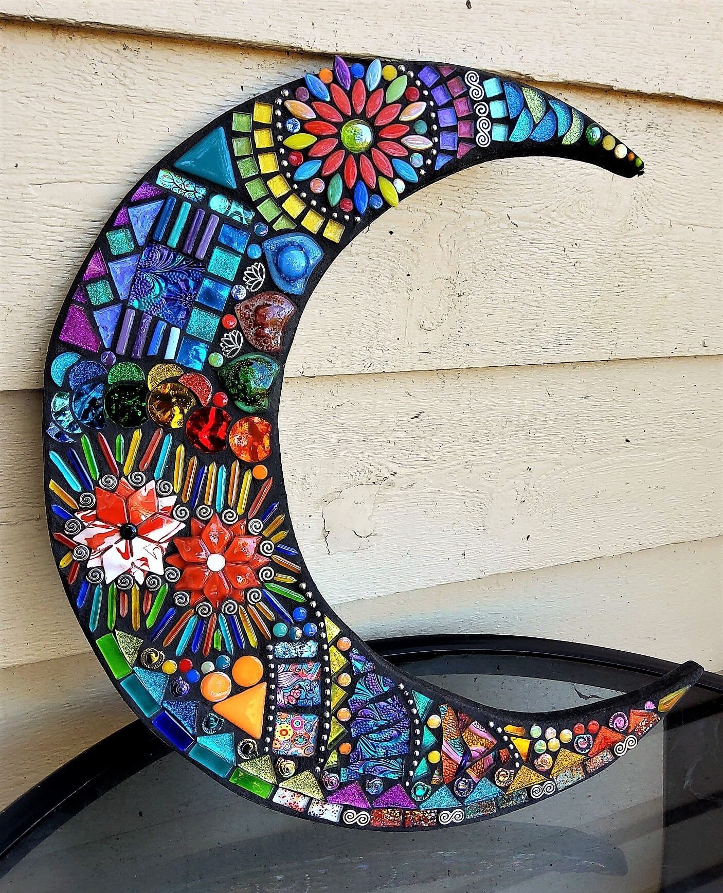 MOSAIC CRESCENT MOON - Wild & Funky Style - Glass Gems, Beads, Glitter Tile, Fused Glass, Silver Embellishments - 16"x16" - Unique / Ooak