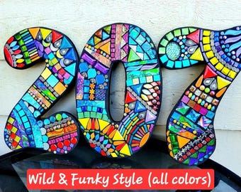 MOSAIC HOUSE NUMBERS - 7" Tall - Customizable - Mixed Media Mosaics - Unique 'Wild & Funky' Style - Order 7" Size From This Listing - Ooak!