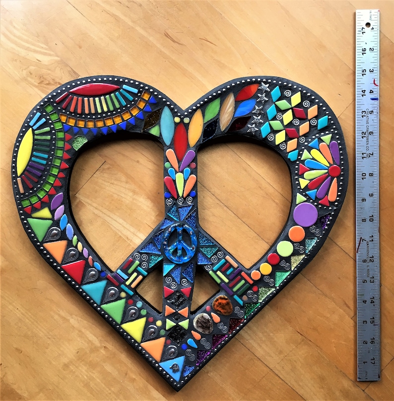 Glitter Tiles Multicolor Glass Beads /& Silver Embellishments 2 Sizes Offered Unique! Ceramic Pieces MOSAIC HEART Shape Peace Sign