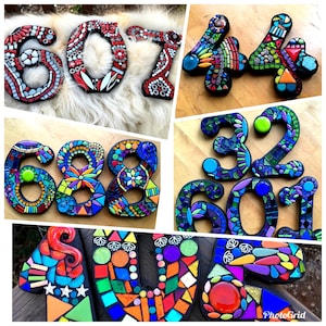The image is a collage of various mosaic designs, including numbers and letters, made using colorful tiles. The mosaic pieces are arranged in a visually appealing manner, showcasing the creativity and craftsmanship involved in creating these decorative elements.