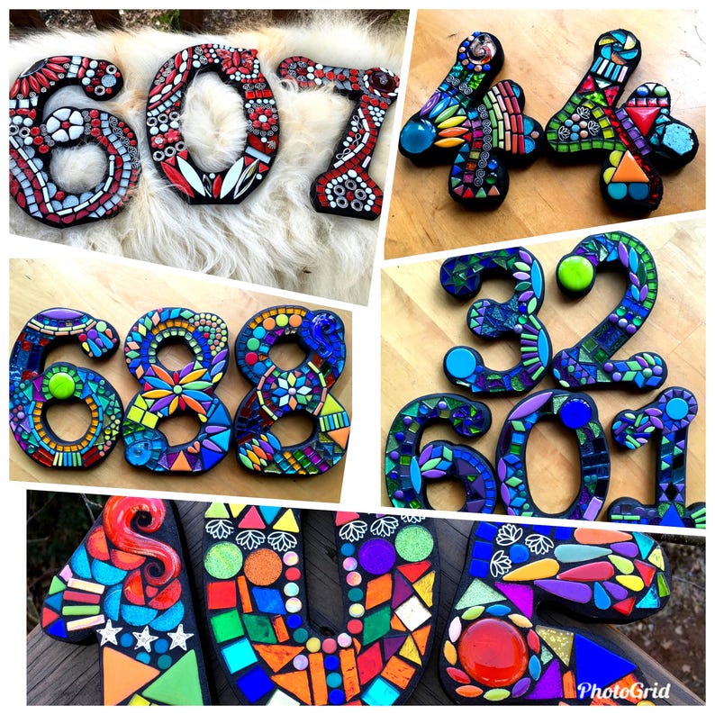 The image is a collage of various mosaic designs, including numbers and letters, made using colorful tiles. The mosaic pieces are arranged in a visually appealing manner, showcasing the creativity and craftsmanship involved in creating these decorative elements.