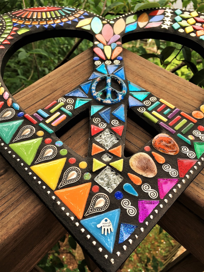 Glitter Tiles Multicolor Glass Beads /& Silver Embellishments 2 Sizes Offered Unique! Ceramic Pieces MOSAIC HEART Shape Peace Sign