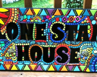 CUSTOM MADE Mixed Media Glass, Tile and Howlite Stone Mosaic Name Signs - You Get to "Design the Sign" - This One Is 28"x12" - OOAK/ Unique!
