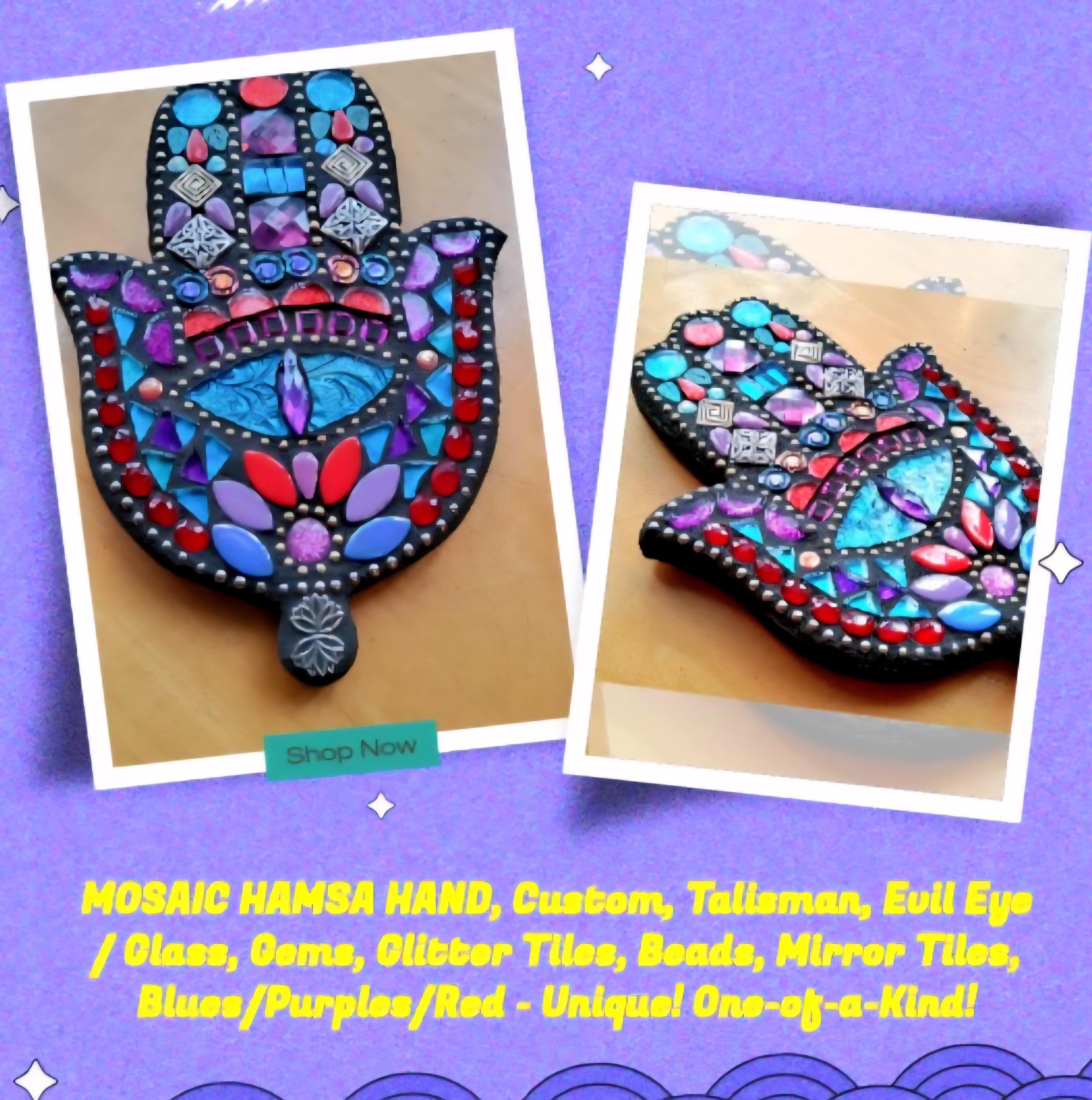 MOSAIC HAMSA HAND, Custom, Hamsa Talisman, Evil Eye / Glass, Gems