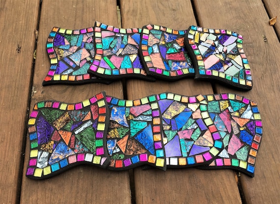 CUSTOM COASTERS - Funky Shaped, Square or Round Mosaic Coasters w/ Glitter Tile Border in Multi-colored Van Gogh Stained Glass  - Set of 4