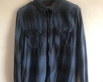 Men&#39;s Blue Flannel - Button Up Pocket Shirt - Large - 21 Men - Classic Handsome - Grunge - Lumber Jack