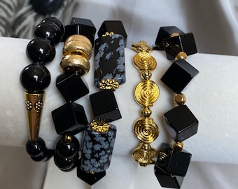 Black onyx bracelet, black onyx and gold bracelet,onyx & obsidian bracelet, gold disk bracelet, onyx cube bracelet