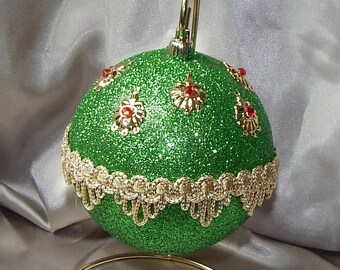 Green Christmas Ornament, green glitter Christmas ornament, gold christmas ornament, designer christmas onament,bling ornament,glam ornament